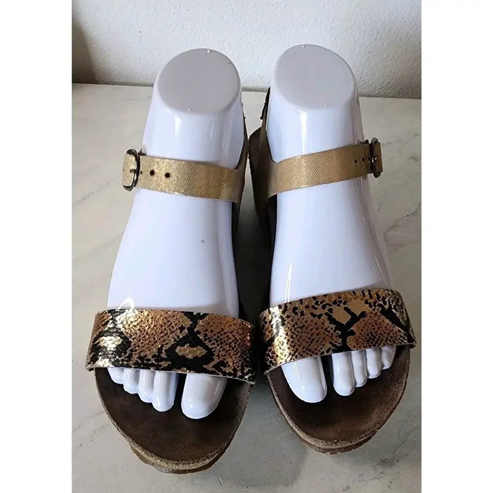 Mephisto Fiona Wedge Sandal Women 6/37 Reptile Snake Black Gold Comfort Shoes